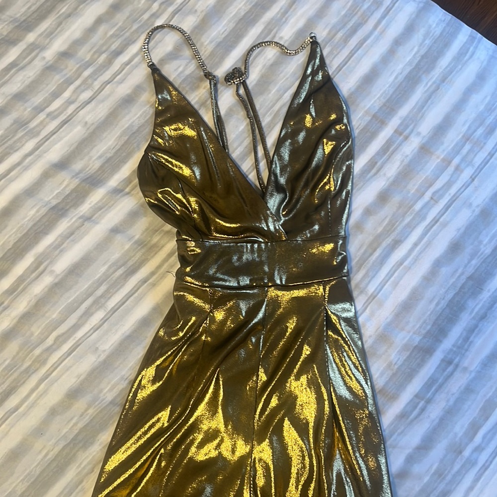 NYE Metallic Gold Jumpsuit w/ Rhinestone Straps
